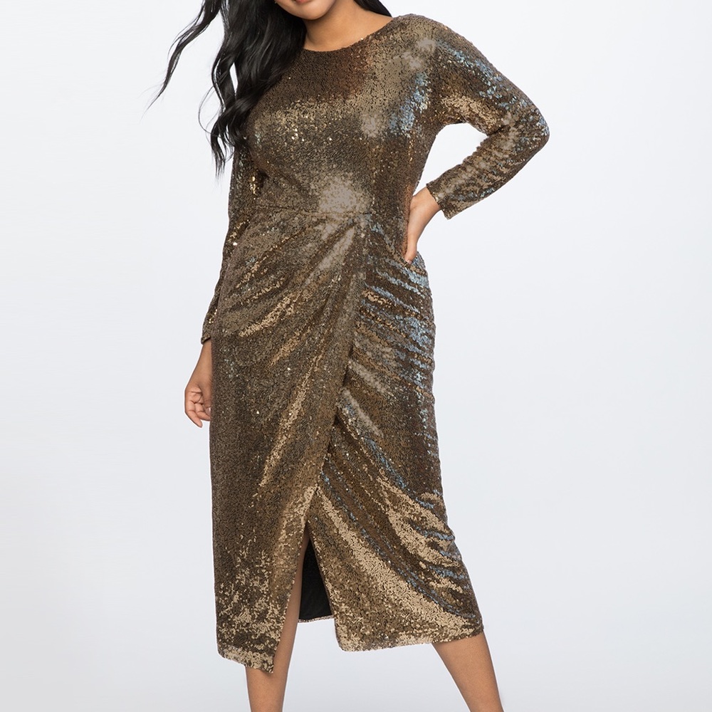 Eloquii Gold Sequin Wrap Dress - Picture 1 of 3